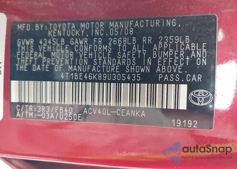 2009 Toyota Camry Le from USA, damaged, VIN 4T1BE46K89U305435